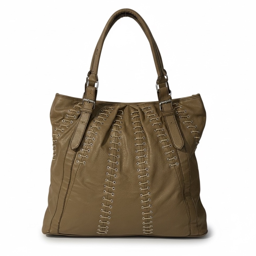 Barneys New York Brown Leather Lace-Up Tote Bag Large Slouchy Shoulder Bag Boho - Picture 4 of 16